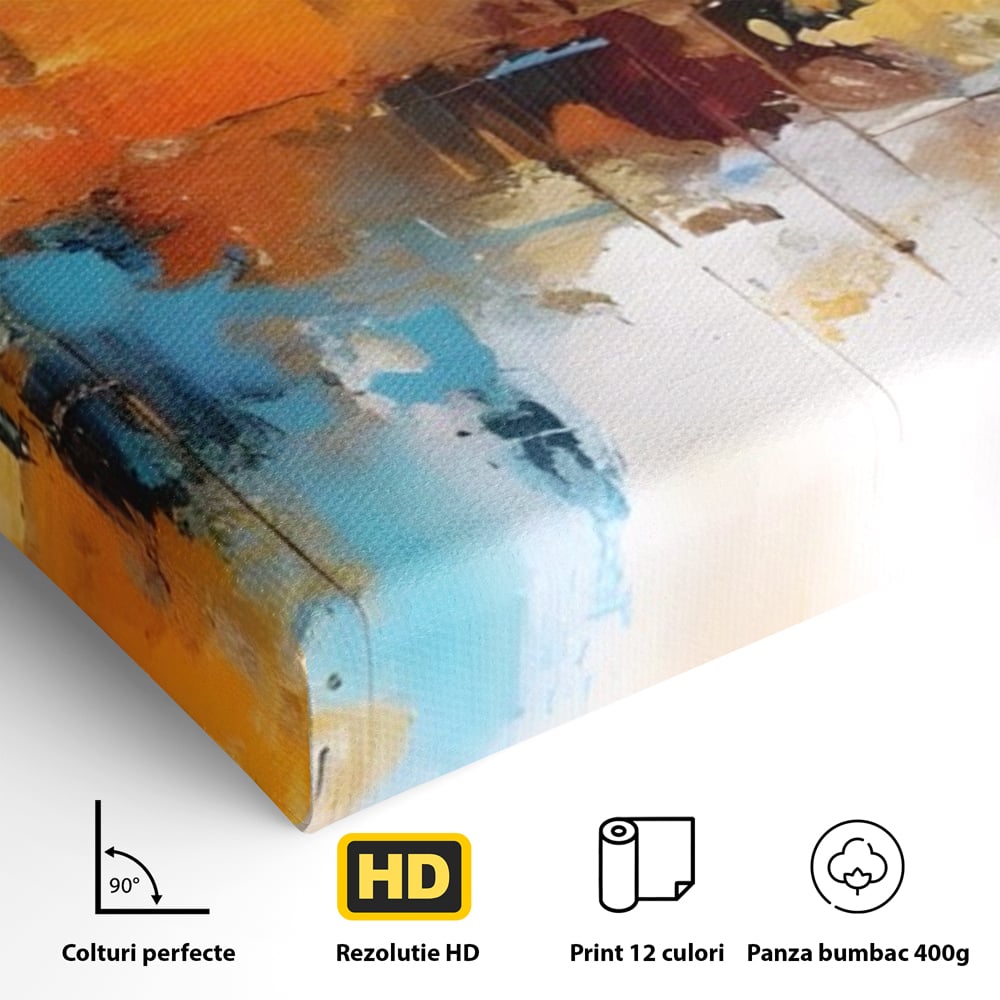 Detaliu al suprafetei: tablou canvas abstract orizontal, fara rama, pe sasiu de lemn